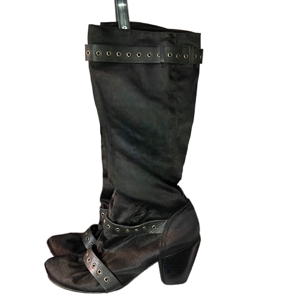 Luca Stefani cloth boots with strapping and gold grommet detail